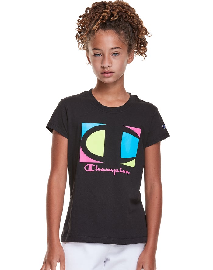 Champion Girls T-Shirt NZ - Classic Graphic Colorblock Logo Black ( 1859-SVDHR )